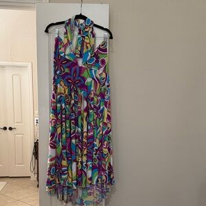 Bright Floral Asymmetrical Halter Dress - Multicolor
